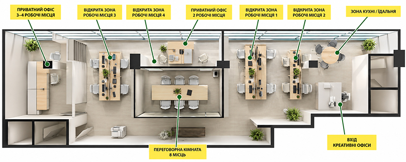 Кольорова 3D-розстановка офісу з робочими місцями
